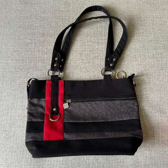 Jak's "Prêt a Oser" black grey and red fabric handbag - Picture 1 of 11